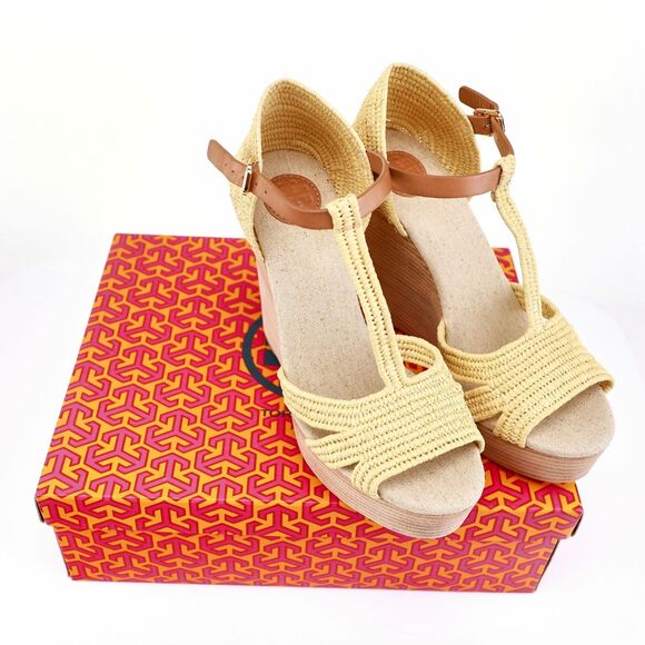 NIB Tory Burch Royal Tan Carina Straw Wedges Sandals 9.5 - Picture 3 of 12